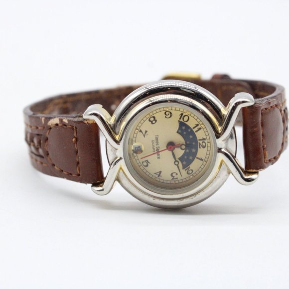 Vintage Time Square Watch Womens Silver Tone Moonphase Brown Leather Band - Picture 5 of 8